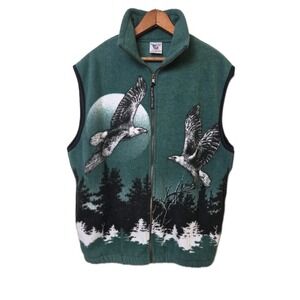 VTG‎ Nature Lodge Eagle Trees Zip Fleece Vest Pockets Polar Graphics USA Men L